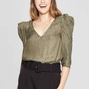 A New Day Leopard Print Elbow Sleeve V-Neck Blouse